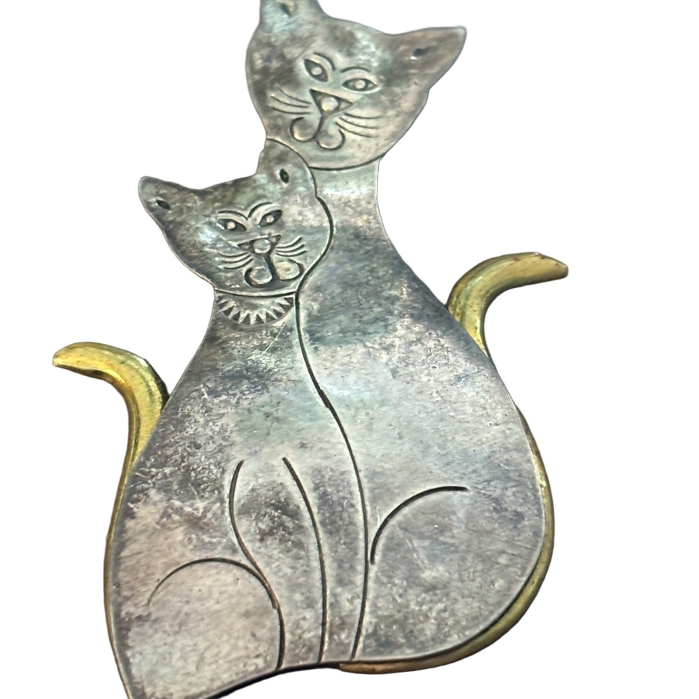 Vintage Mexican Sterling Silver Double Cat Brooch – Mixed Metal – TS-7? - Picture 1 of 4